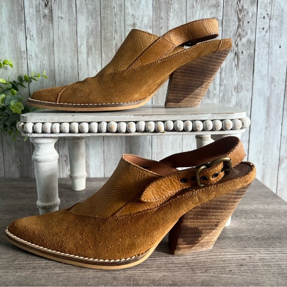 Free People Shoes - Free People Silverton Slingback Stacked Heel Slingback Tan Leather Mules 7.5